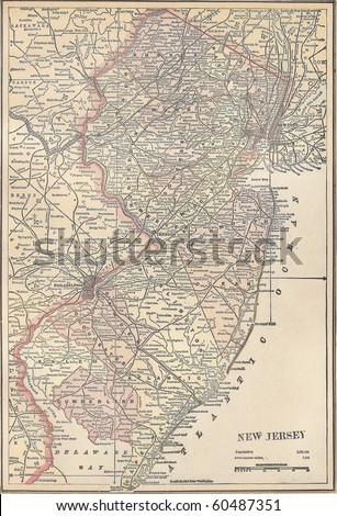 Vintage 1891 map of the state of New Jersey; out of copyright