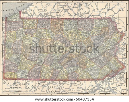 Vintage 1891 map of the state of Pennsylvania; out of copyright