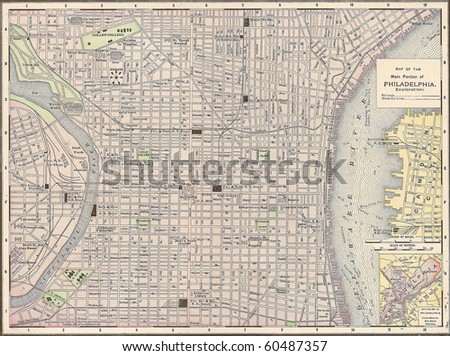 Vintage 1891 map of the city of Philadelphia, Pennsylvania; out of copyright