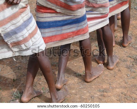 Detail, legs of village women in Gdaba harvest dance in Lamptaput, Orissa, India