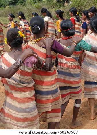 ORISSA,  INDIA - Nov 12 :Village women form a circle for Gdaba harvest dance on Nov 12, 2009, in Lamptaput, Orissa, India