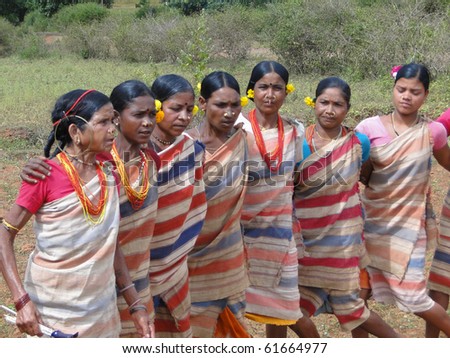 ORISSA,  INDIA - NOV 12:Tribal women link arms for Gdaba harvest dance on Nov 12, 2009, in Lamptaput, Orissa, India