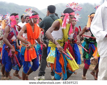 ORISSA,  INDIA - NOV 13 -Tribal dancers celebrate a local festival on Nov 13, 2009, in Orissa, India