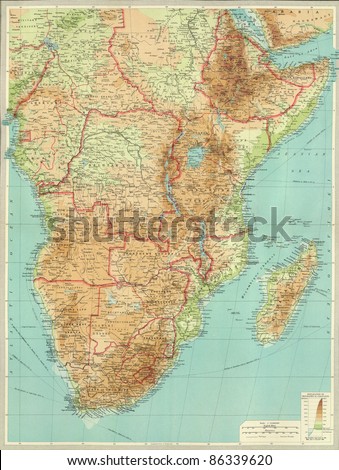 Antique map of Central & Souther.  Africa.From Atlas by Bartholomew and Son, 1922.