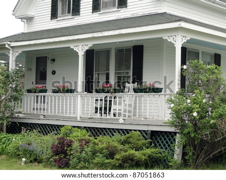 Detail, porch of Classic white New England House, on Mount Desert Island, Acadia National park, Maine, New England