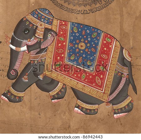 Caprisoned elephant on parade.Indian miniature painting on 19th century paper. Udaipur, India