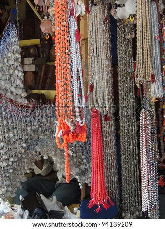 Religious offerings and souvenirs  outside the Tirupati temples, in Andhra Pradesh, India.