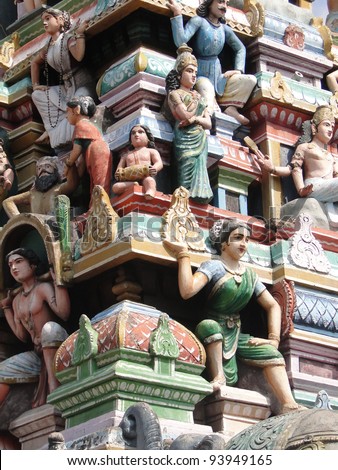 Colorful sculptures of gods & goddesses  on temple exterior  in   Kanchipuram, India
