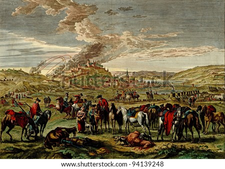 Antique scene of the siege of a hilltop town  from the Atlas of fortifications and battles, by Anna Beek and Gaspar Baillieu  Originally published in 17th century.