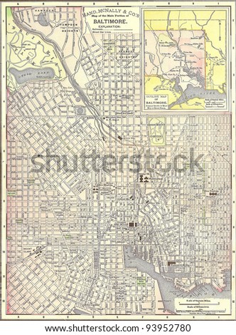 Vintage 1891 map of Baltimore; out of copyright From old Atlas of the World