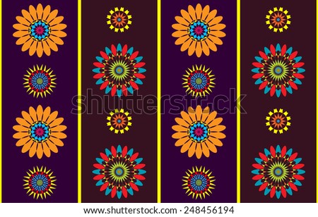 Striped background motley geometric seamless pattern of flowers. Purple and Brown