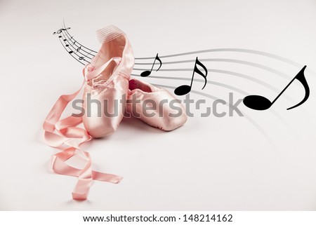 Pink Ballet shoes on white background with musical notes in the background.