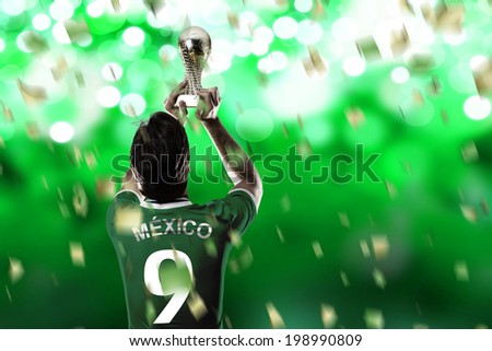 Mexican soccer player, celebrating the championship with a trophy in his hand. On a Green lights background.