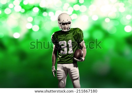 Football Player on a Green uniform, on a Green lights background.