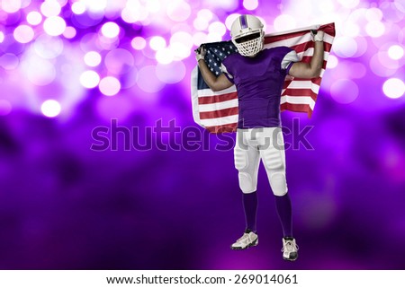 Football Player with a purple uniform and a american flag, on a purple lights background.