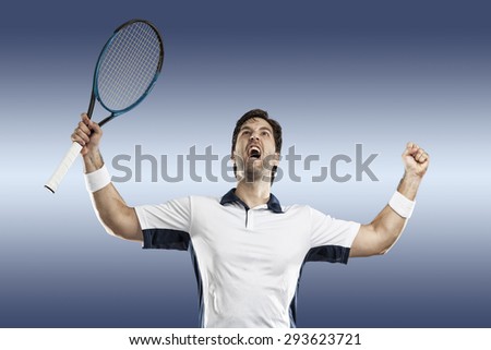 Tennis player celebrating, on a blue background.