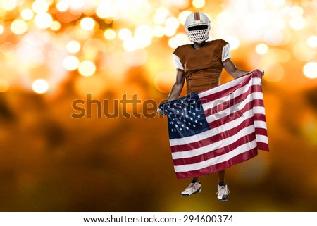 Football Player with a orange uniform and a american flag, on a orange lights background.