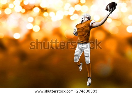 Football Player with a orange uniform making a catch on a orange lights background.