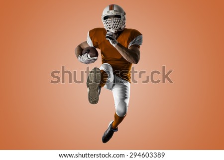 Football Player with a orange uniform Running on a orange background.
