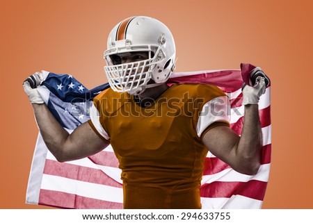 Football Player with a orange uniform and a american flag, on a orange background.
