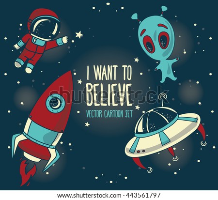 Cartoon elements for cosmic design: astronauts floating in space, cute alien and rocket, vector illustration