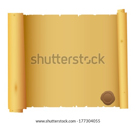 Old scroll paper with a wax seal isolated on a white background
