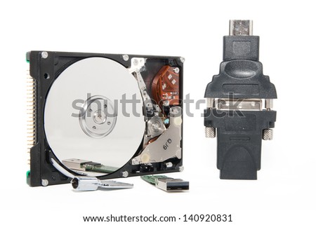 HDD, USB-Drive, key ,HDMI to DVI converter on the white fone