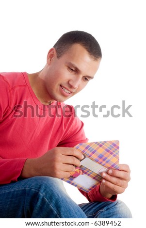 young man receiving love letter isolated on white background