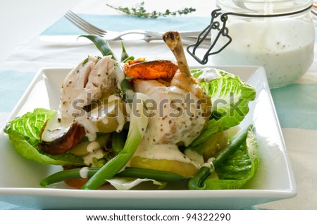 warm chicken salad with roast tomatoes and honey and mustard dressing
