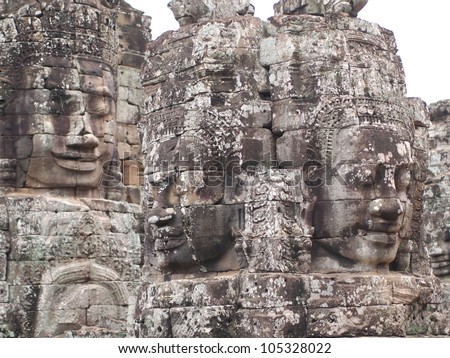 SIEM REAP - MAY 26: The Bayon facade on May 26, 2012 in Siem Reap, Cambodia. The Bayon is a well-known and richly decorated Khmer temple at Angkor in Cambodia.