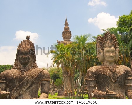 VIENTIANE - MAY 31: Buddhist statues at Buddha Park on May 31, 2013 in Vientiane, Laos. Buddha Park is the most famous tourist attraction around Vientiane.