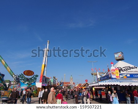 MUNICH, GERMANY - OCT 2: Street view at Oktoberfest in Munich, Germany on October 2,  2013. Oktoberfest is the world's largest beer festival.
