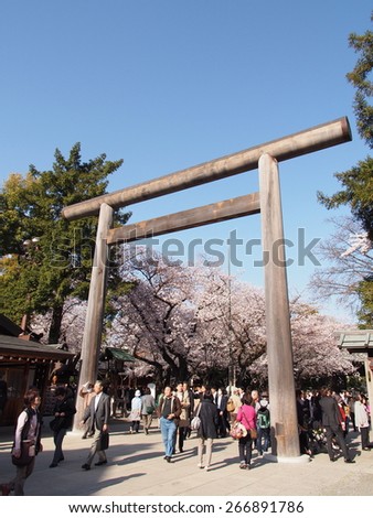 TOKYO, JAPAN - MAR 31: Yasukuni Shrine in Tokyo, Japan on March 31, 2015. Yasukuni Shrine is one of the best hanami spot in Tokyo.