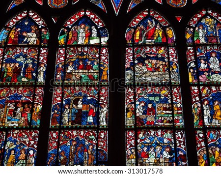 STRASBOURG, FRANCE - SEP 24: Stained glasses at Cathedral of Our Lady in Strasbourg, France on September 24, 2013. Strasbourg is the capital of the Alsace region in north eastern France.
