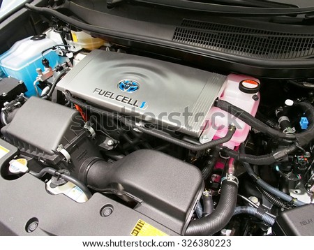 TOKYO, JAPAN - SEP 29: Fuel Cell of Toyota Mirai at Toyota Mega Web in Tokyo, Japan on September 29, 2015. Toyota Motor Corporation is a Japanese automotive manufacturer.