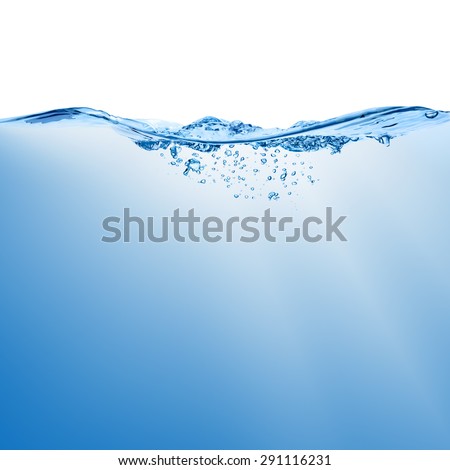 Wave with splash on the water surface with bubbles of air, isolated on the white background.