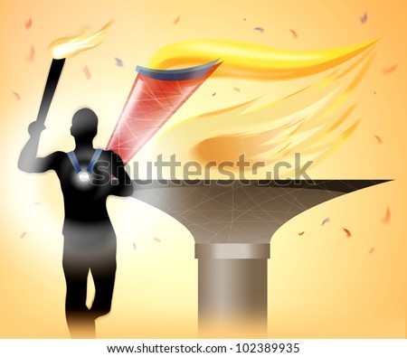 Silhouette  of Running Man with Torch Illustration. Olympics Torch Flame in the background.