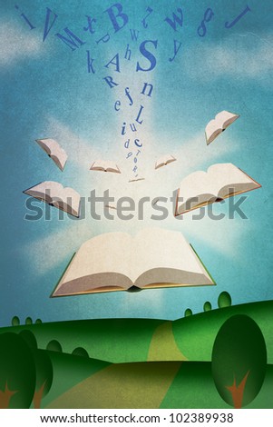 Flying Books Illustration with Roman Alphabet Texts
