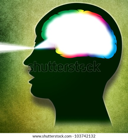 Drawing of head with vision and colored brain like prism. Green Textured Background.