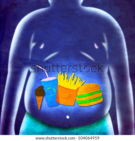 Illustration of Obese Man  and Fast Food Menu on Blue Textured Background
