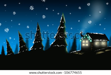 Winter Cottage silhouette with Snow illustration