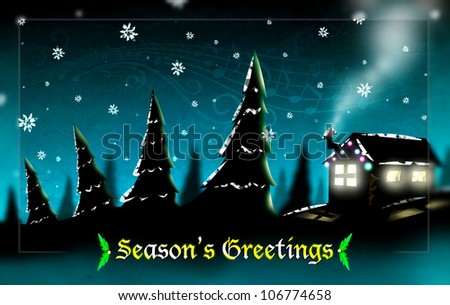 Falling Snow in Forest with Silhouette of Christmas Wood Cottage illustration. Season\'s Greetings text.