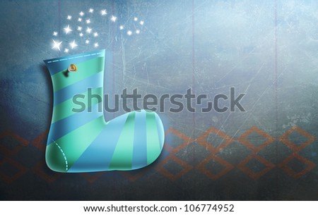 Male Christmas Stocking hung on Wall with Spotlight. Magical Holidays illustration.