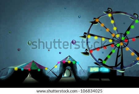 Silhouette of Carnival Tents and Ferris Wheel in Country Fair Illustration. Balloons Flying in the Sky Drawing.