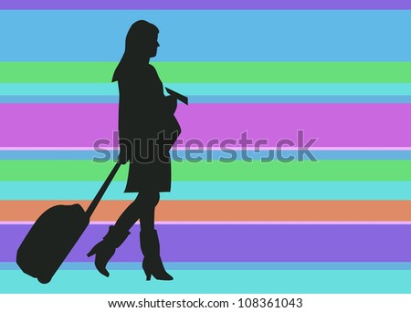 Silhouette Woman Traveler with Baggage and Ticket on Colorful Background. Negative Space.