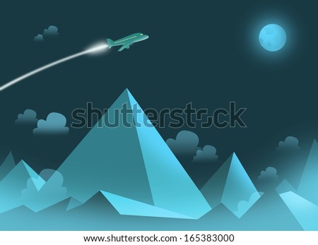 Airplane flying at night over mountains illustration