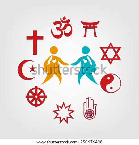 Interfaith Dialogue illustration. Religious symbol surrounding two persons.