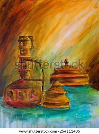 Middle Eastern aged food vessels, table wares or liquid containers. Acrylic Painting medium on textured Canvas art material.