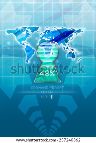 Abstract Information Technology Vertical Poster or Magazine Cover design with world map and keyhole for many themes such as internet speed, security of personal identity, data management and more.