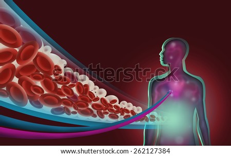 A Human Figure with a Diagram Cut Out style of Moving Lipids or Fatty Acids and Red Blood Cells. Medical Image Symbolism for Hypertension, Nutrition, Diabetes and more. Raster jpg Illustration.